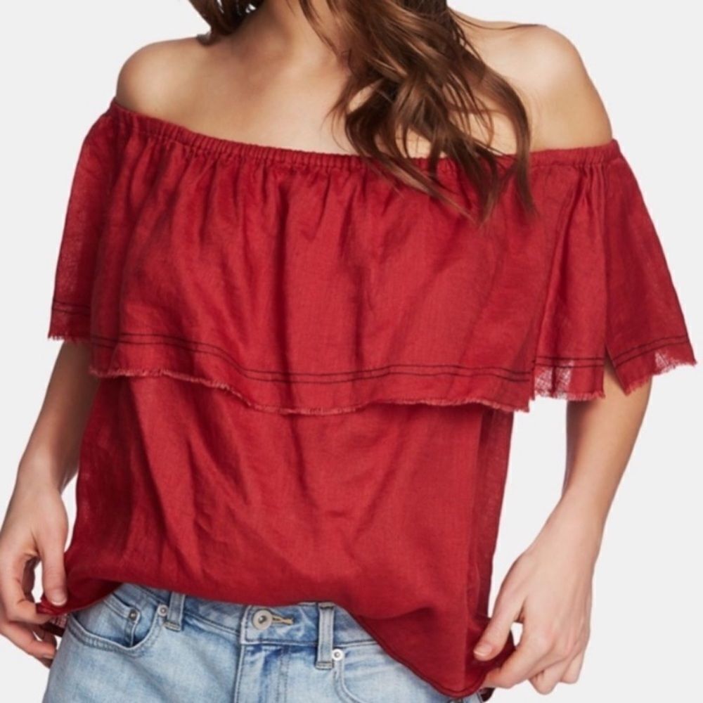 1.State off shoulder linen blouse red sz medium